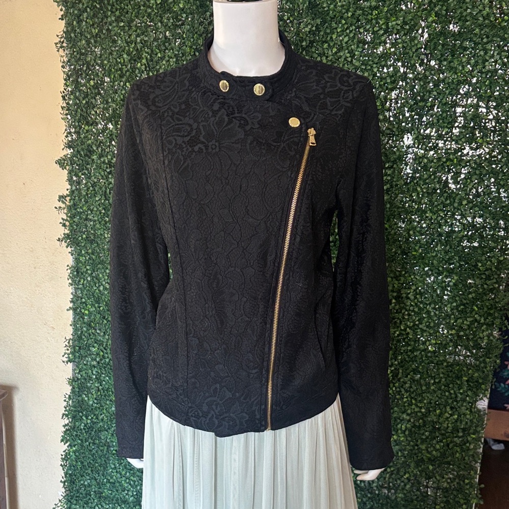 Isaac Mizrahi Black Lace Moto Jacket with Gold Hardware